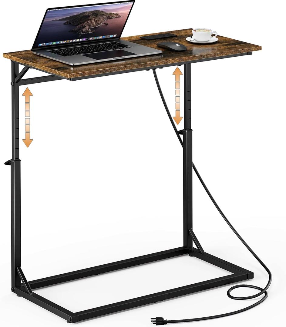 Vagusicc C Shaped End Table with Charging Station, Large C-Table End Table Adjustable Height Side Table for Couch, Couch Table Slide Under Sofa Table TV Tray Table for Sofa, Living Room, Bedroom,Brown, 11.95"d X 23.85"w X 20.85-33.55"h