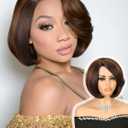 Quantum Love Highlight Bob Wig Layered Cut Mixed Brown Side Part Short Straight Glueless Bob Wigs for Women Realistic Hairline Synthetic Heat Resistant Fiber Hair