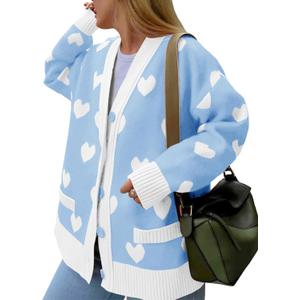 Saodimallsu Womens Oversized Heart Cardigan Color Block V Neck Button Long Sleeve Chunky Valentines Sweaters (Blue, L)
