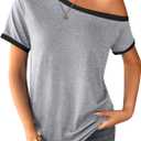 LilyCoco Women Short Sleeve Off The Shoulder Tops Asymmetrical Ringer Tee Shirts Grey X-Large (Gray, XL)