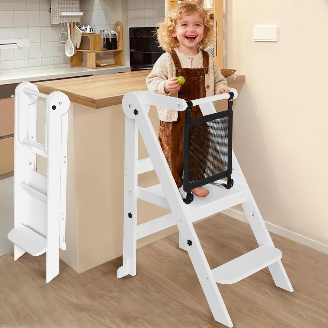 Foldable Toddler Tower, 3 Adjustable Height Toddler Standing Tower, Wooden Kids Kitchen Stool Helper with Safety Rails, Space Saving Kids Step Stool - Ages 18 Months to 6 Years