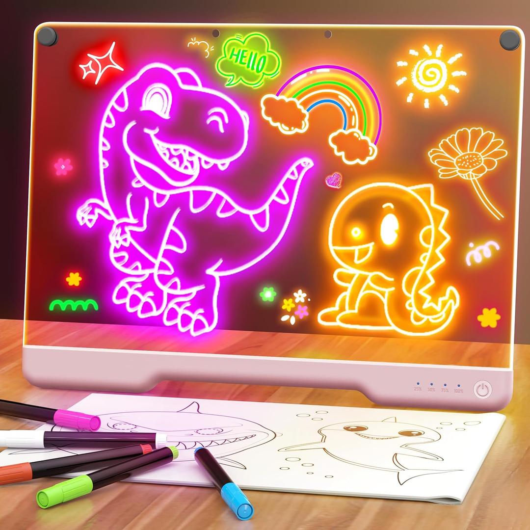 16-Inch Rechargeable Doodle Glow LED Note Board, 7-Color Light Modes, Neon Art Dry Erase Light Up Drawing Pad with Built-in Stand, Sketching Gift Toy for Kids/Girls/Teens, 5 Markers & Tracing Book (Pink)
