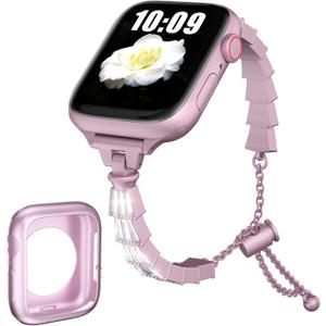 Fitlink Stainless Steel Apple Watch Band for Women, Bling Apple Watch Bands 38mm 40mm 41mm 42mm 44mm 45mm for Apple Watch Series 7 Apple Watch Series 6 Apple Watch SE Apple Watch 3 4 5 (Pink)