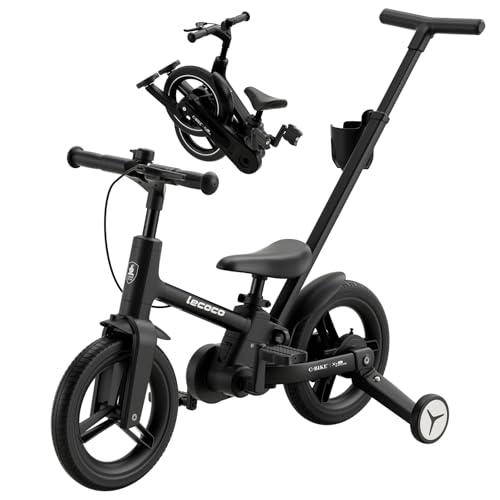 lecoco Upgraded Toddler Bike with Push Handle 6 in 1 for Kids, Balance Bicycle Toys with Training Wheels, Brackes, Cup Holder, Pedal, Kickstand Birthday Gift for Boys and Girls