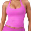 YEOREO SoftHue Women's Impact Halter Tank Top Longline Backless Scoop Neck Built-in Bra Sports Workout Gym Crop Top (Pink, L)