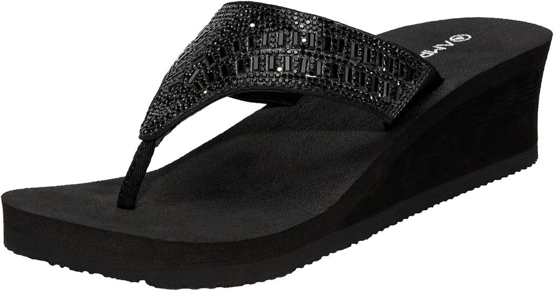 Ampeo Women's Wedge Sandals Rhinestone Thong Platform Flip Flops (6, C.black)