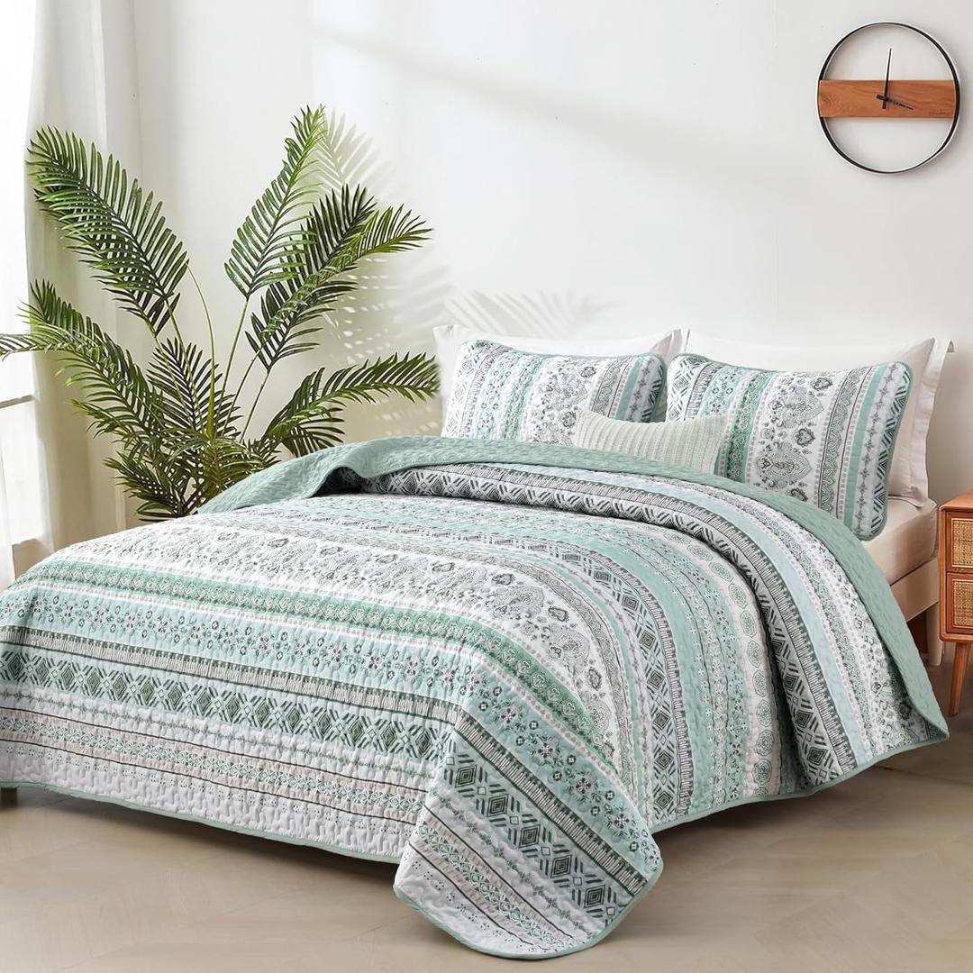 Goodidea Boho Quilt Set King Size,3 Piece Mint Green Bohemian Striped Bedspread Coverlet Set with 2 Pillow Cases Lightweight Soft Microfiber Bedding Set for All Seasons (104"x90")