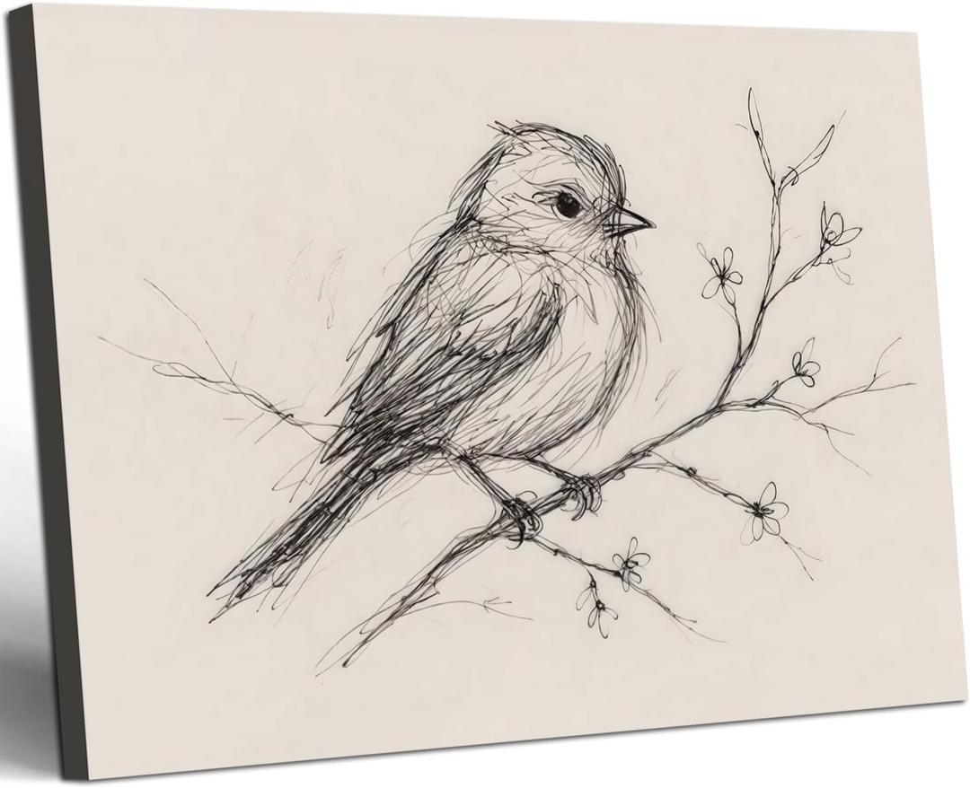 Framed Vintage Bird Wall Art Neutral Antique Line Picture Minimalist Animal Sketch Print Rustic Farmhouse Beige Decor for Living Room Bedroom 12x16 inch Ready to Hang