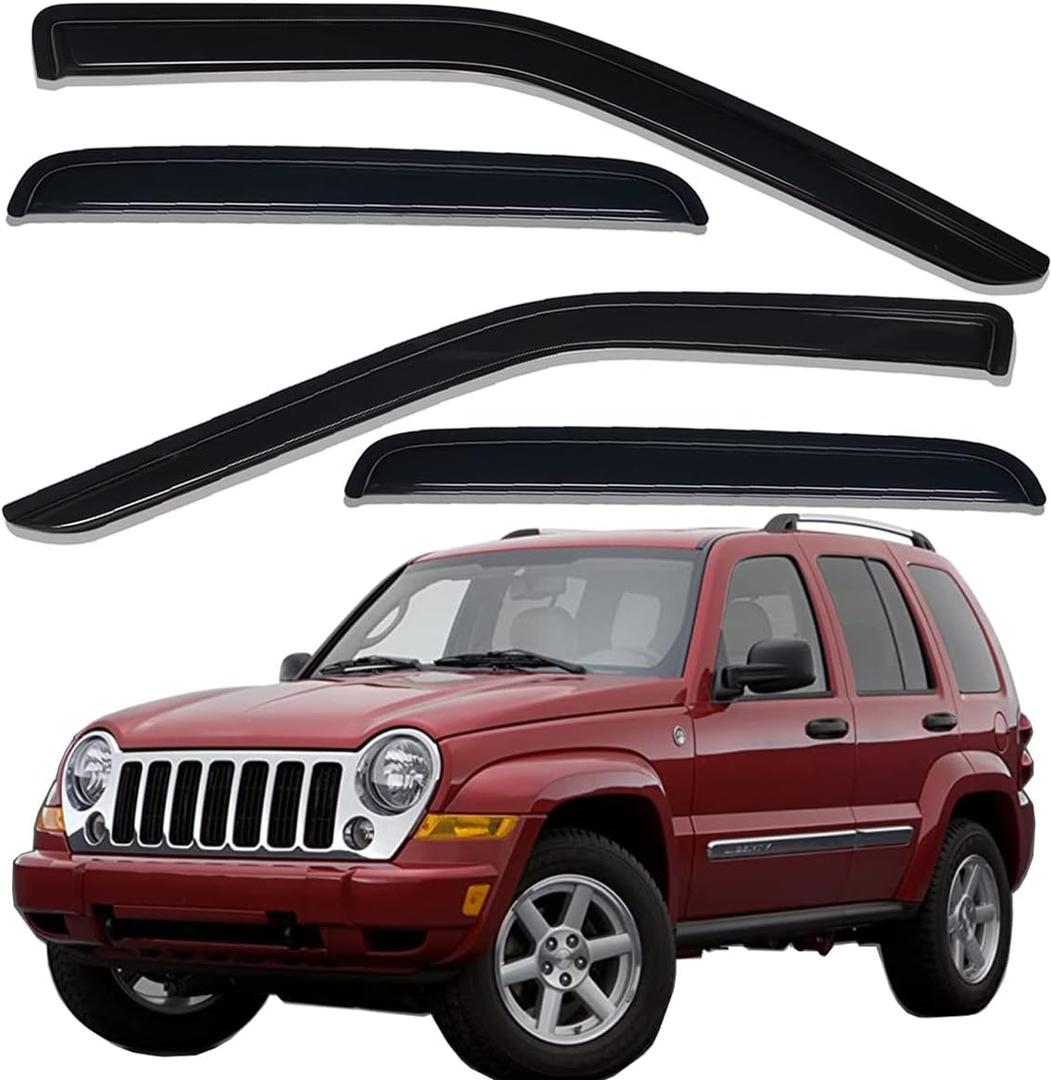 Lightronic Extra Durable Outside-Mount Auto Vent Window Visor, Fits 2002-2007 Jeep Liberty, UV Protection Rain Guard, Original Window Deflector, No-Drill Easy Install, Dark Smoke, 4-Pcs