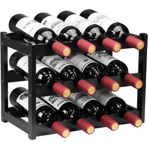 Homevany Bamboo Wine Rack, Sturdy and Durable Wine Storage Cabinet Shelf, Wine Racks Countertop for Pantry - 3 Tiers 12 Bottle Wine Rack, Black