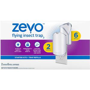 Zevo Flying Insect Trap, Fly Trap, Fruit Fly Trap (2 Plug-in Bases + 6 Refill Cartridges)