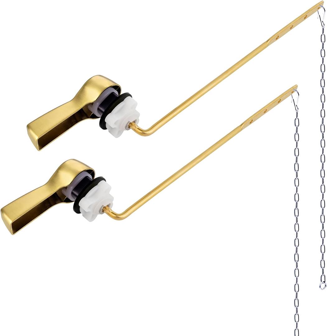 Hibbent 2 Pack Universal Front Mount Toilet Handle Tank Flush Lever Replacement Handle with Stainless Steel Flapper Chains for Most Front Mount Toilets - Brushed Gold