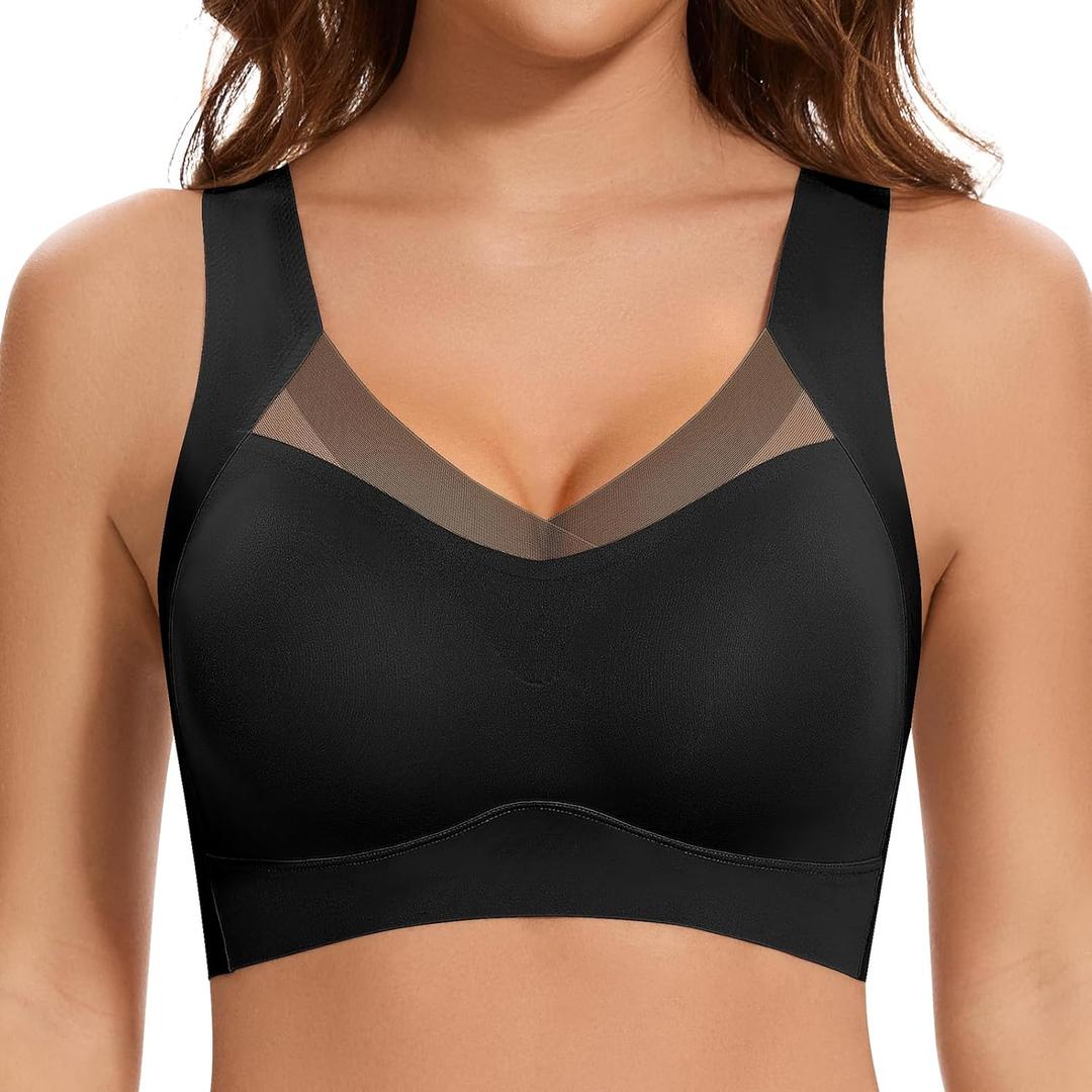 DOCUMO Seamless Bras for Women No Underwire Comfortable Push Up Wireless Bra Mesh Padded Back Smoothing Bra (Medium, Black)