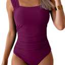B2prity Womens One Piece Swimsuit Retro Square Neck Tummy Control Bathing Suits Ruched Modest Full Coverage Swimwear (X-Large, Wine Red)