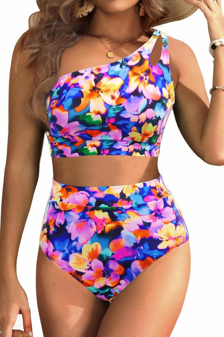 Two Piece High Waisted Swimsuits for Women - One Shoulder Bikini Tummy Control Bathing Suit 2025 Full Coverage Swimwear (Large, Colorful Floral)