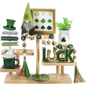 St Patrick's Day Decoration 8 PCS Tiered Tray Decor Set, Cute Tabletop Saint Patty's Day Décor for Home Indoor Shelf Mantel Office Coffee Bar Shamrock Sign Gnome Lucky Irish Tray Objects