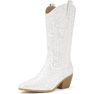 IDIFU White Rhinestone Cowboy Boots for Women Mid Calf Sparkly Western Cowgirl Pointed Toe Low Block Chunky Heel Glitter Country Cute Zipper Dress Booties Wedding Birde Boots (White Rhinestone, 7)