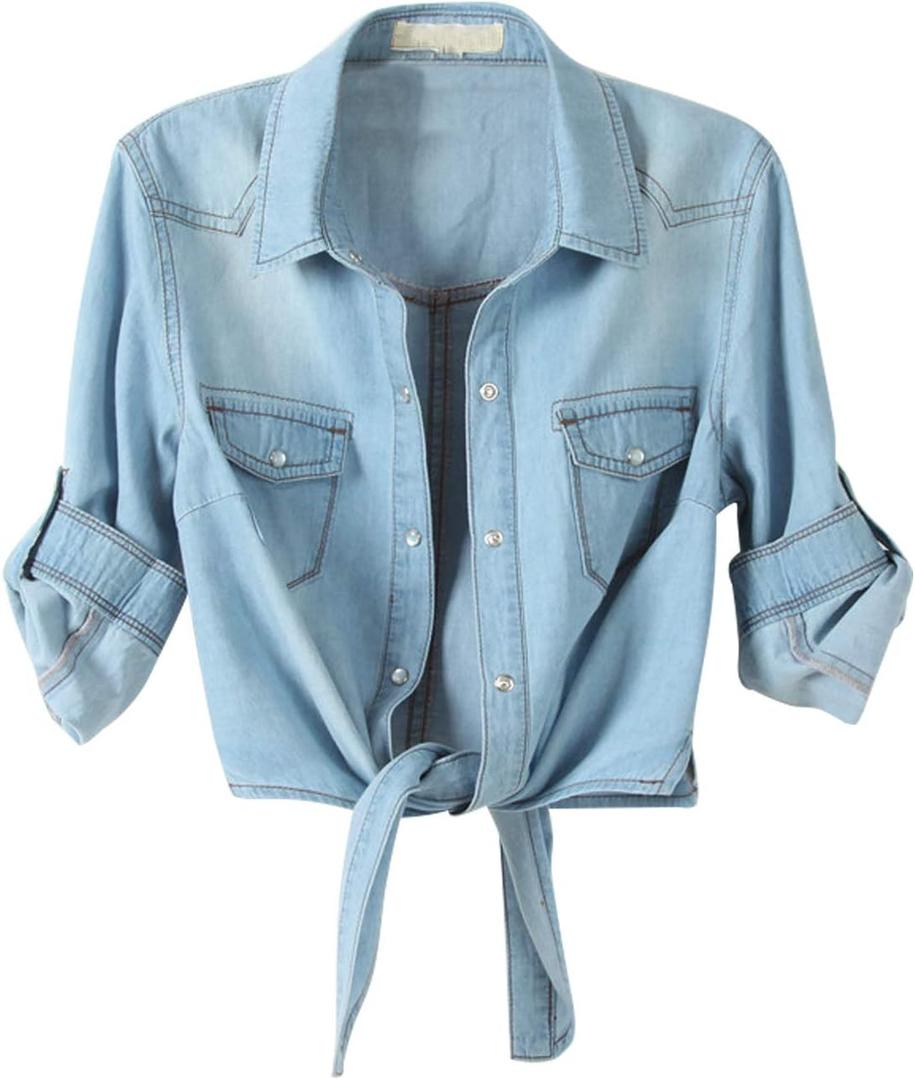 Omoone Women's 3/4 Sleeve Modern Denim Crop Top Tie Knot Shirt Cardigan (X-Large, Light Blue)