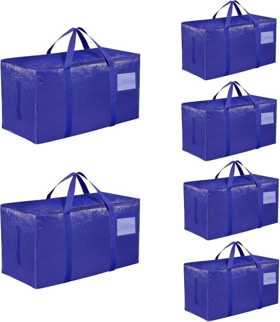 6 Pack-Extra Large Heavy Duty Moving Bags - Waterproof Storage Totes with Handles & Zippers, Foldable for College Dorm, Storage (Blue)