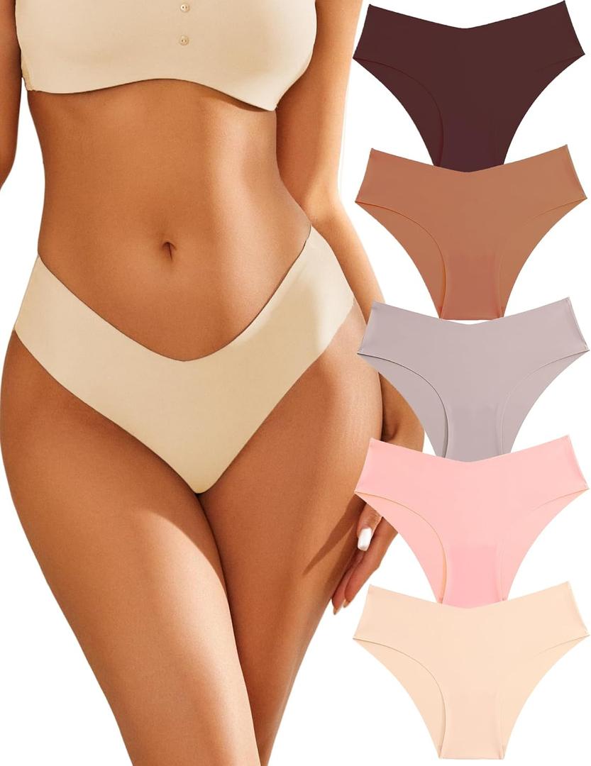 Womens Seamless Underwear Soft Stretch Briefs Invisibles Hipster V Cut cheeky No Show Bikini Panties 5 pack,Size: X-Small