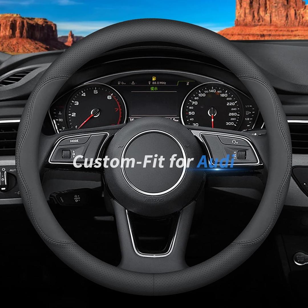 Custom-Fit for Audi Steering Wheel Cover, Premium Leather Car Steering Wheel Cover with Logo, Non-Slip, Breathable, for Audi Accessories (B-Style,for Audi)
