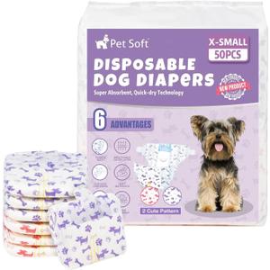 Pet Soft Female Dog Diapers - Disposable Doggie Diapers with Wetness Indicator, Puppy & Cat Diaper Super Absorbent, Fit for Female Dog in Heat or Incontinence, 50pcs (XS, Mixed)