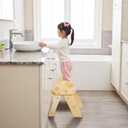 Wooden Toddler Step Stool, 2-Step Foldable Stool for Kids with Non-Slip Surface, Baby Bathroom Stool for Potty Training, Bathroom Sink, Kitchen Counter with Cute Mushroom Design, Natural