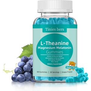 L-Theanine Gummies 400mg, Magnesium Glycinate 400mg, Melatonin 10mg, High Dose for Adults Stress & Muscle Relief, Sleep, Circadian Rhythm, Non GMO, Gluten Free, Vegan, Sugar Free, Grape, 60
