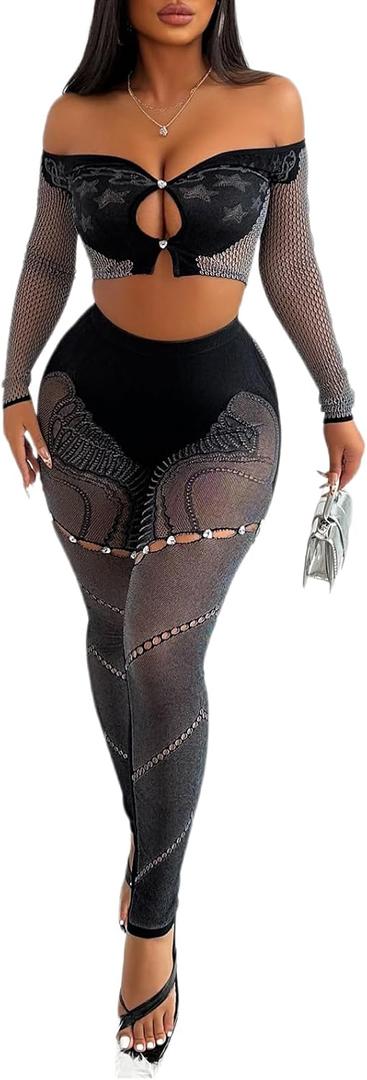 Sexy Solid Color Strapless Long Sleeved Pants, Hollowed Out Slim Fit Two-Piece Knitted Jumpsuits L