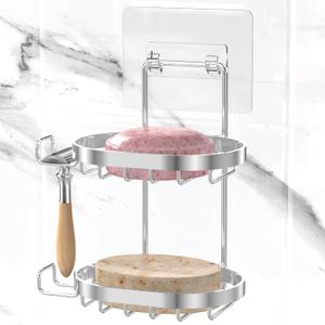 MASADI 2 Tier Soap Dish Holder, Soap Bar Holder with Hooks, Shampoo Bar Caddy for Shower Wall, Razor Holder for Shower, Bar Soap Container 304 Stainless Steel, Bathroom(Silver)