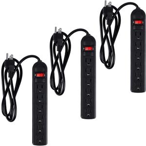 Copkim 3 Pack 6 Outlet Power Strip Surge Protector 4 ft Flat Plug Surge Protector Profile Flat Plug Overload Power Strip Protection for Home Office(Black)