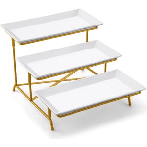 Yedio 3 Tier Serving Tray Set Porcelain Tiered Serving Platters, Collapsible Sturdier Stand with Stable Cross Bars, 12 Inch Three Layer Serving for Party Entertaining Food Display Fruit Dessert (Gold)