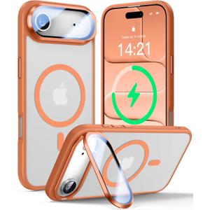 VOFATA [Upgraded Full Camera Protection] for iPhone Air Case with Camera Cover Stand [Fit for MagSafe][10FT Mil-Grade Protection] Translucent Magnetic Phone Cover for iPhone 17 Air Case, Orange