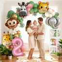 SNLN Two Wild Birthday Decorations Jungle Theme 2nd Birthday Decorations for Girl Huge Jungle Safari Animal Foil Balloons Pink Sage Green Balloon Arch Number 2 Balloon Leaf Box 2nd Decoration for Girl