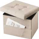 Storage Ottoman Foot Stool, 17 inches Folding Ottoman with Storages, Velvet Storage Bench with Side Pocket, Foot Rest for Living Room, Bedroom (Milky Tea Color)