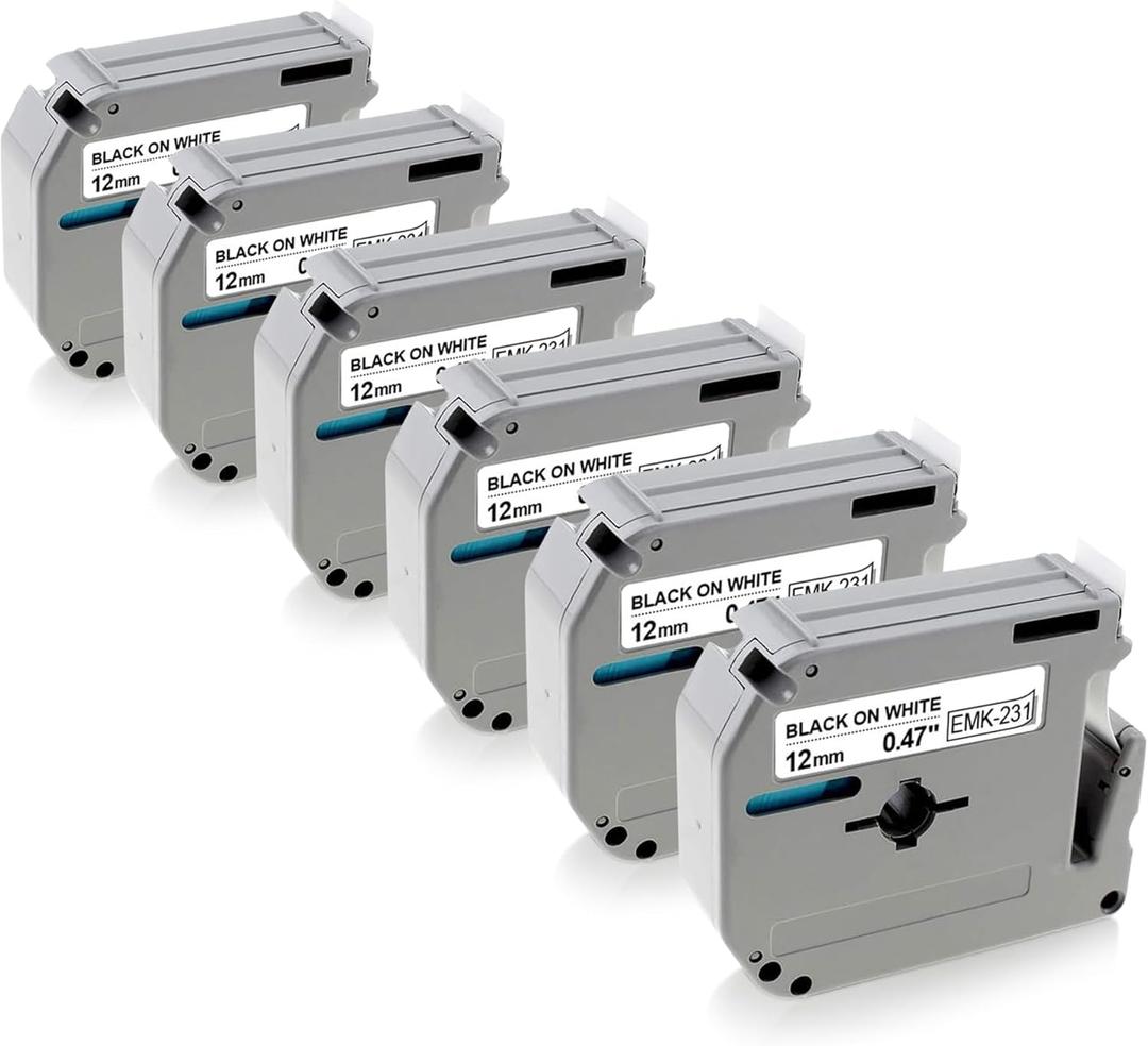 6-Pack M-K231 M Tape Compatible Label Tape Replacement for Brother P-Touch M231 MK231 M-231 M-K231S 12mm 0.47'' White Work with Brother Ptouch PT-65 PT-M95 PT-90 PT-70 PT-80 PT-70BM PT-45 Label Maker