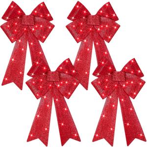 WILLBOND 4 Pcs LED Christmas Wreaths Bow 24 x 12'' Red Bow Lighted Christmas Tree Toppers Decor Pre Lit Christmas Bow Decoration for Holiday Indoor Outdoor Home Decor