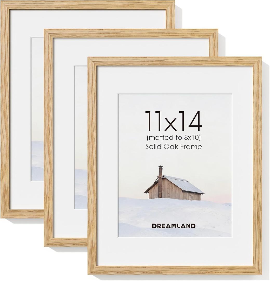 Dreamland 11x14 Picture Frame with Mat for 8x10, USA-Sourced Natural Oak Wood Photo Frames with Resistant Plexiglass, 11 by 14 Wooden Gallery Wall Frames for Art, Wall or Tabletop Display (3Pack)