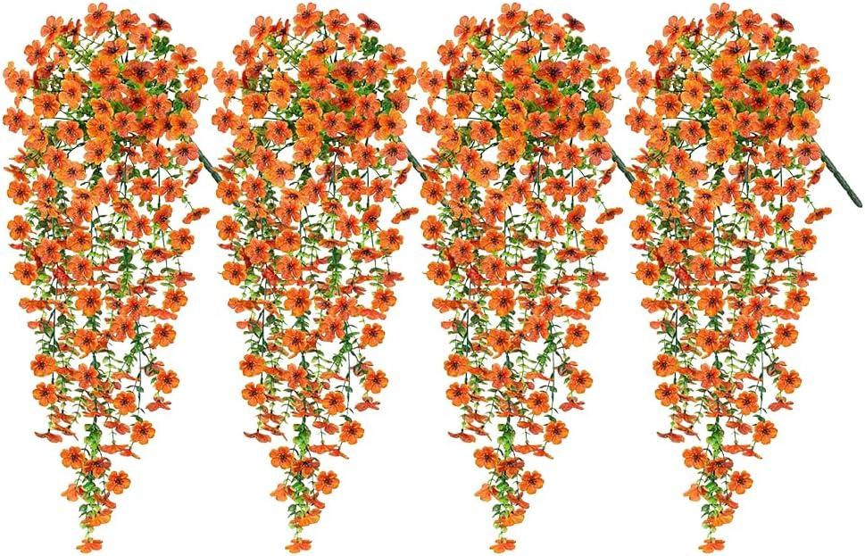 4 Pack Artificial Hanging Violet Vines for Outdoor Spring Decor,28 in Artificial Hanging Flowers,UV Resistant Fake Plant Violet Flower with Eucalyptus Leaf,Spring Summer Decoration (Orange)