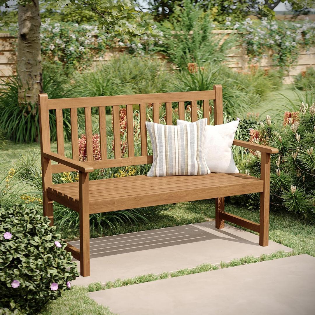 Flash Furniture Adele Commercial Indoor/Outdoor Acacia Wood Bench, 2 -Person Slatted Patio Loveseat, for Use in Yard, Garden, Porch, or Park, Brown