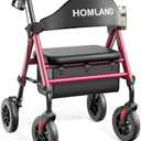 HOMLAND Walkers for Seniors with Seat, Foldable Rollator Walker, Reinforced Aluminum Frame, 8" Big Rubber Wheels for All Terrain, Height Adjustable Lightweight Rolling Walker