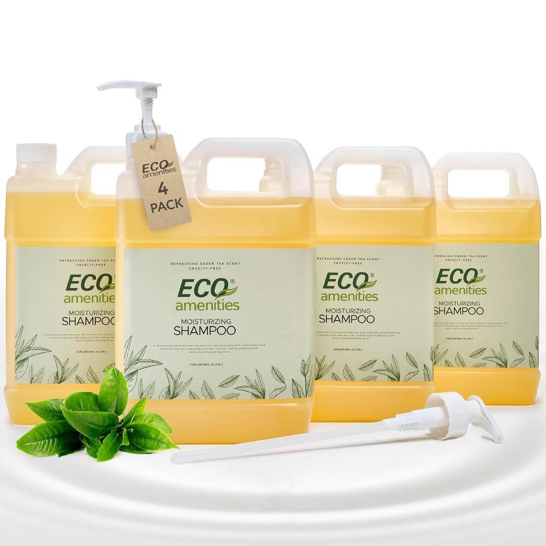 Eco Amenities - Pack of 4 Rectangular 1 Gallon Refill - Shampoo (Green Tea, 4-Pack, 1 Gallon Each)