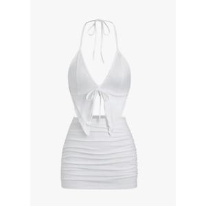 SHENHE Women's Y2k 2 Piece Sexy Outfits Backless Halter Crop Top and Ruched Bodycon Mini Skirt Set (Size S)