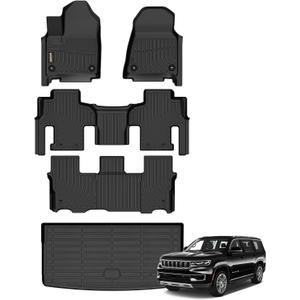 Binmotor-All Weather Car Floor Mats Cargo Liner for Jeep Wagoneer 2022-2025 (Not for Wagoneer L Version), 8 Passenger, TPE Liners for Jeep Wagoneer Accessories Cargo Trunk Mat-Black