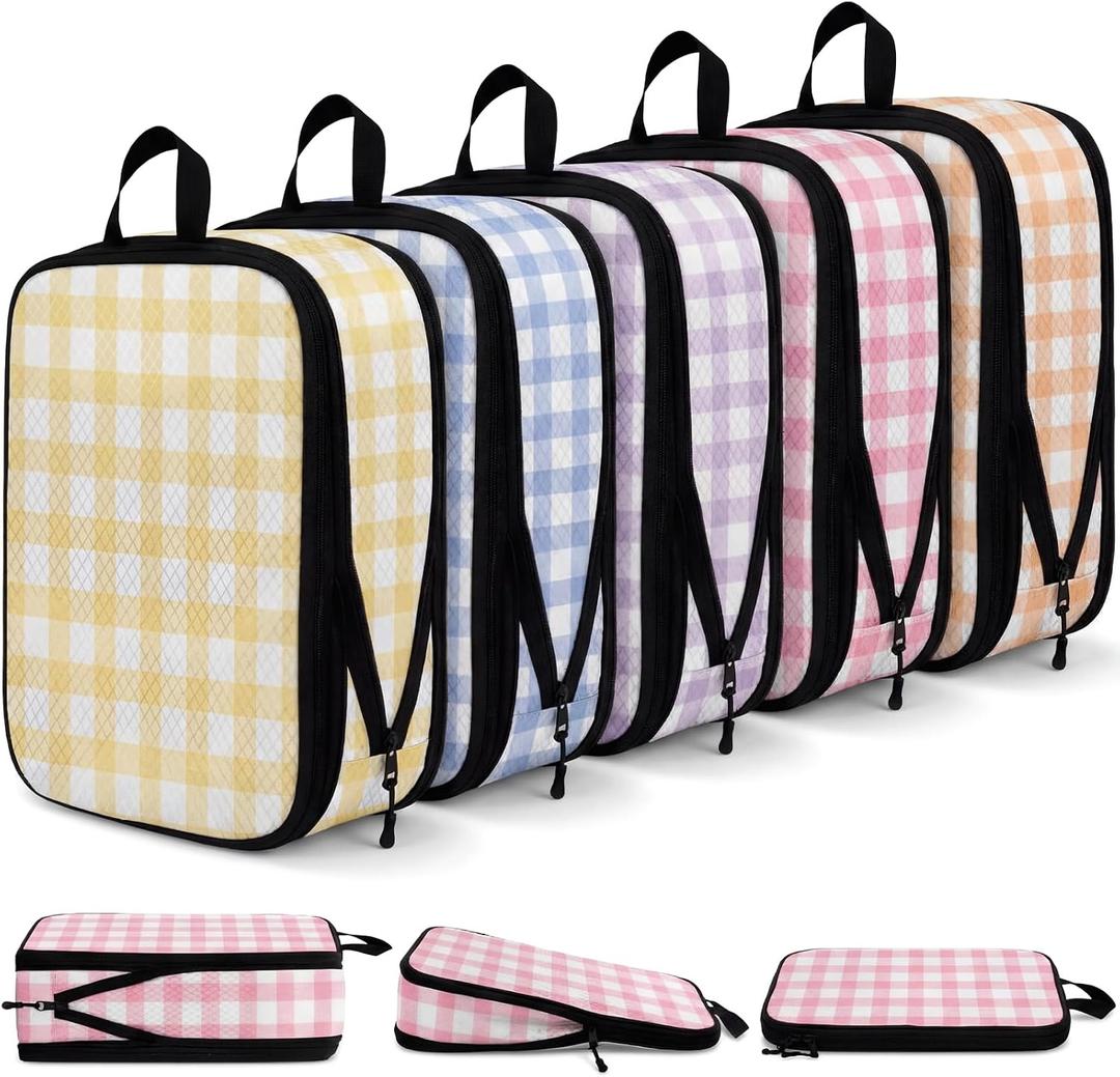 5 Pack Compression Packing Cubes for Travel Space Saving Cubes Luggage Organizer for Suitcase(Plaid,M)