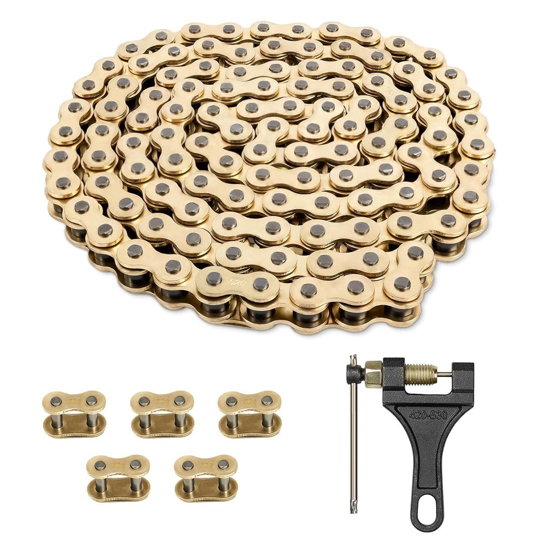 Belleone 520 Gold Motorcycle Chain 112 Links with Chain Breaker, 520 Standard Roller Chain with 5 Connecting Master Links