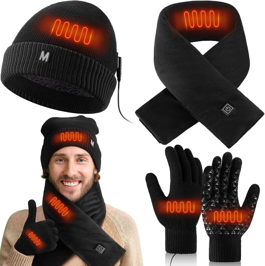 Coume 3 Pieces USB Heated Hat Scarf Gloves Set Heated Gloves for Men Women Black Beanie Winter Heating Scarf Touchscreen Handwarm for Outdoor Sports Cycling Skiing Camping Winter Gift