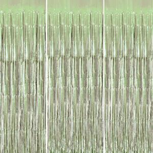 3 Pack Foil Fringe Backdrop - Light Green Shiny Tinsel Curtains for Party Decoration/Photo Booth Props - 3.3x8.2 FT Metallic Foil Backdrop for Birthday, Wedding, Graduation, Christmas