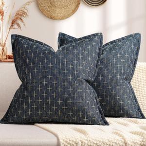 ZWJD Pillow Covers 18x18 Set of 2 Soft Polyester Textured Pillow Covers with Stylish Flange Edge Cozy Farmhouse Throw Pillows for Couch Bed Sofa Living Room (Navy Blue)