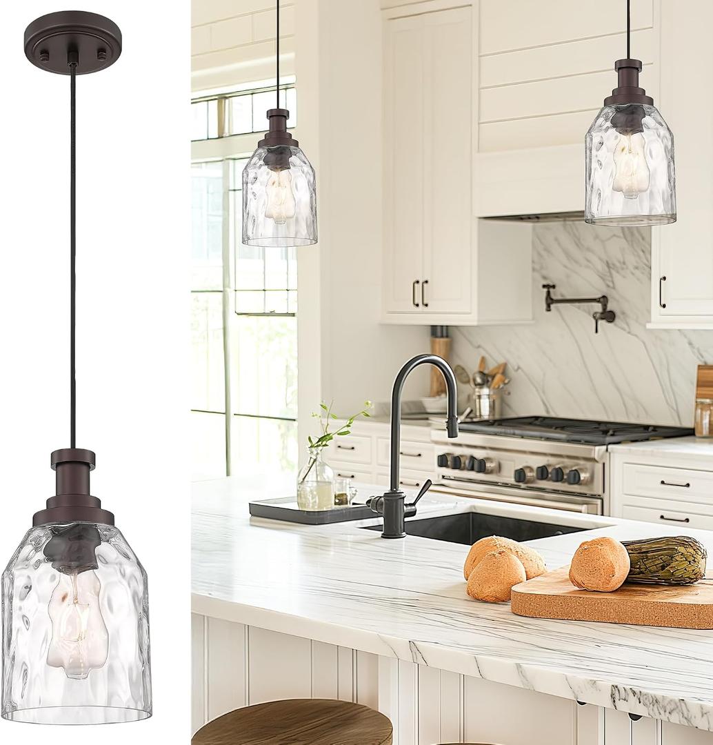 zeyu 1-Light Kitchen Hanging Light Fixture, Farmhouse Island Pendant Lighting, Water Ripple Glass Shade, Oil Rubbed Bronze Finish, ZG33M1L-L ORB-WG, 6.3 Inch | 1 Pack